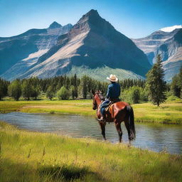 A cowboy riding horseback through the stunning landscapes of Glacier Park