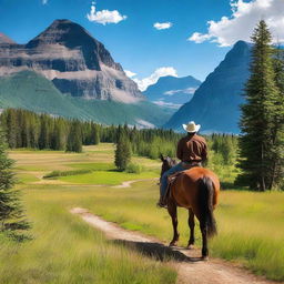 A cowboy riding horseback through the stunning landscapes of Glacier Park