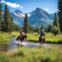 A cowboy riding horseback through the stunning landscapes of Glacier Park