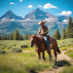 A cowboy riding horseback through the stunning landscapes of Glacier Park