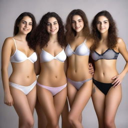 Several Israeli girls with attractive figures, wearing stylish panties and posing with their hands up