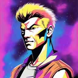 A detailed portrait of Hawk from Cobra Kai, showcasing his distinctive galaxy-colored Mohawk