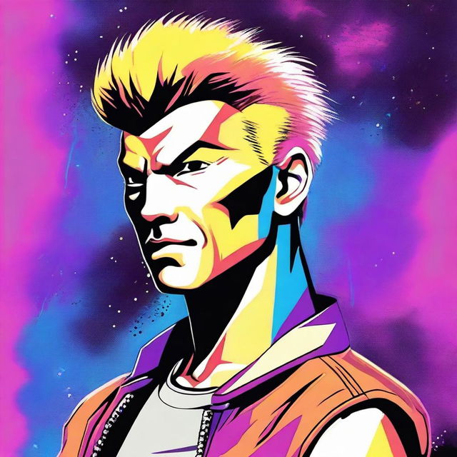 A detailed portrait of Hawk from Cobra Kai, showcasing his distinctive galaxy-colored Mohawk