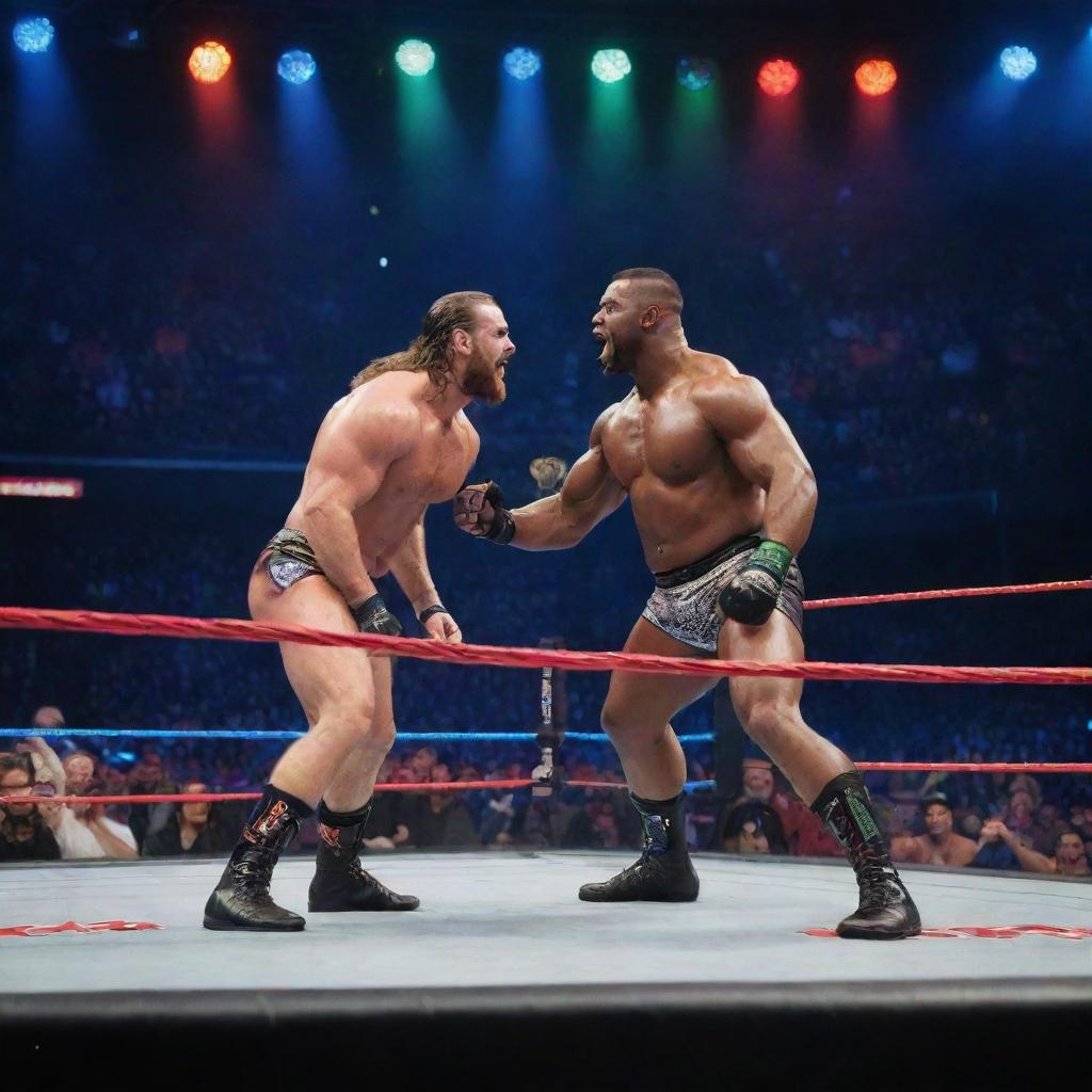 An action-packed WWE wrestling ring with colorful lights, vibrant audience, and two muscular wrestlers in the middle of an intense face-off.