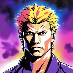 A detailed portrait of Hawk from Cobra Kai, showcasing his distinctive galaxy-colored Mohawk