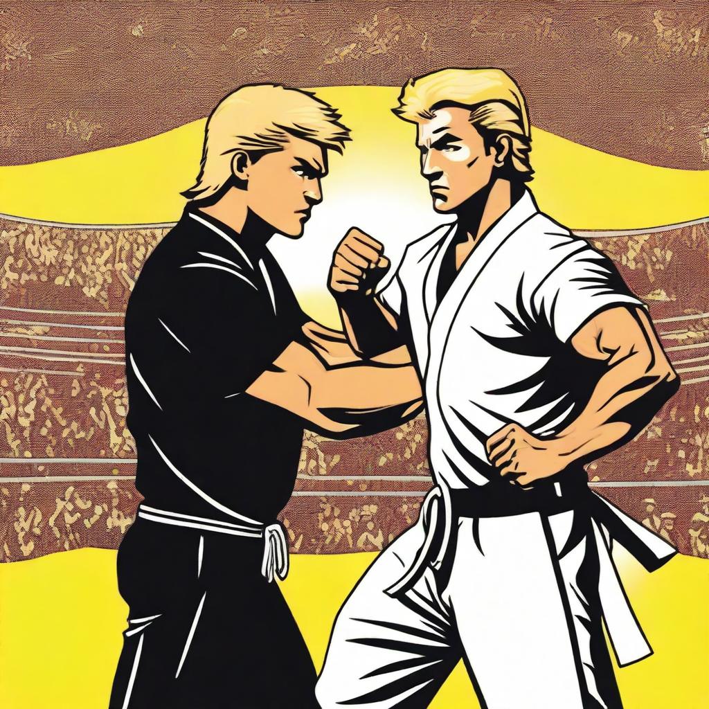 A dynamic scene from the All Valley Tournament featuring Hawk and Johnny from Cobra Kai