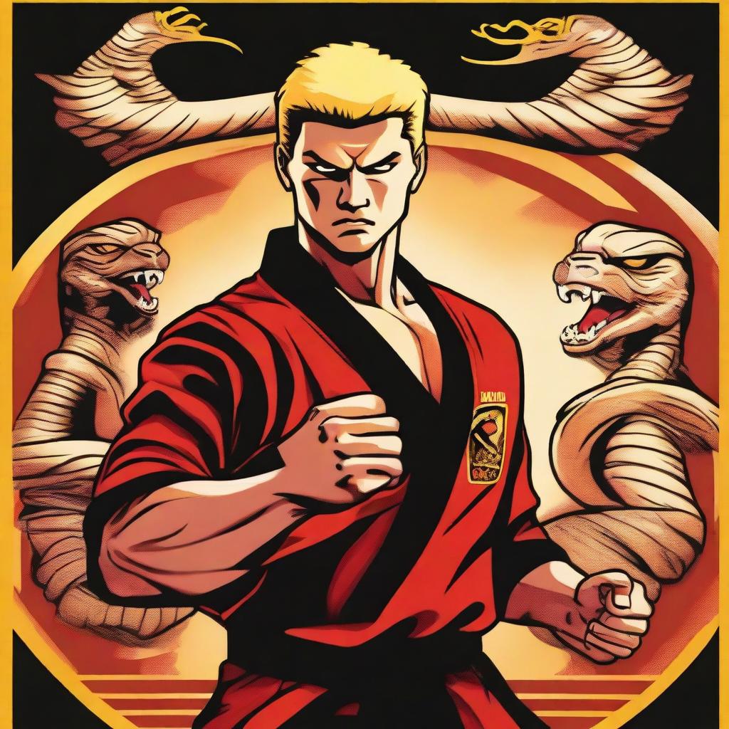 A detailed illustration of Hawk from Cobra Kai, showcasing his distinctive mohawk hairstyle and fierce expression