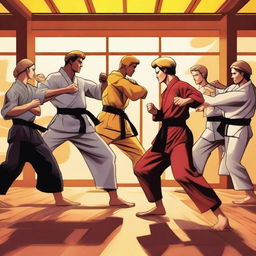 A dynamic scene featuring characters from Cobra Kai in a martial arts dojo