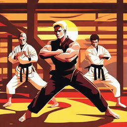 A dynamic scene featuring characters from Cobra Kai in a martial arts dojo