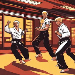 A dynamic scene featuring characters from Cobra Kai in a martial arts dojo