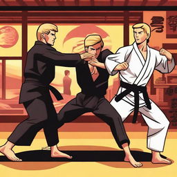 A dynamic scene featuring characters from Cobra Kai in a martial arts dojo