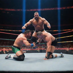 An action-packed WWE wrestling ring with colorful lights, vibrant audience, and two muscular wrestlers in the middle of an intense face-off.