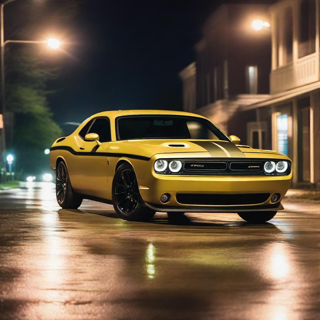 A sand color Dodge Challenger RT with light brown stripes and green headlights driving at night in Barnwell, South Carolina