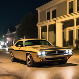 A sand color Dodge Challenger RT with light brown stripes and green headlights driving at night in Barnwell, South Carolina