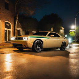 A sand color Dodge Challenger RT with light brown stripes and green headlights driving at night in Barnwell, South Carolina