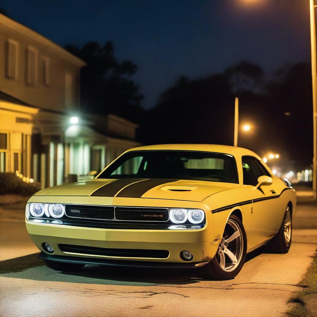 A sand color Dodge Challenger RT with light brown stripes and green headlights driving at night in Barnwell, South Carolina