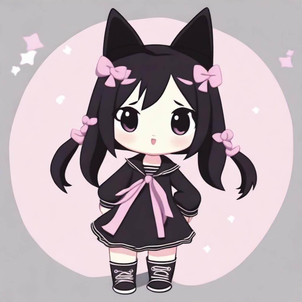 An adorable illustration of Kuromi with pink low pigtails and black clothing