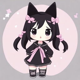 An adorable illustration of Kuromi with pink low pigtails and black clothing