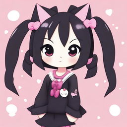 An adorable illustration of Kuromi with pink low pigtails and black clothing