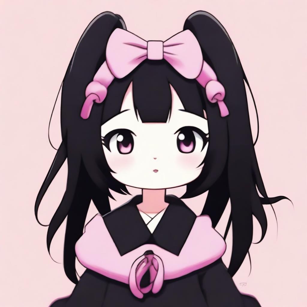 An adorable illustration of Kuromi with pink low pigtails and black clothing