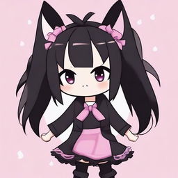 An adorable illustration of Kuromi with pink low pigtails and black clothing