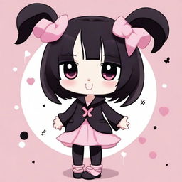 An adorable illustration of Kuromi with pink low pigtails and black clothing