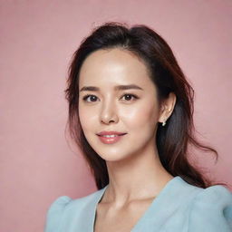 A stunning portrait of Song Ji Hyo, a South-Korean actress and presenter, known for her radiating beauty and expressive features, set against a gentle pastel-colored background.