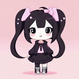 An adorable illustration of Kuromi with pink low pigtails and black clothing