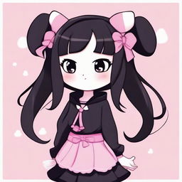 An adorable illustration of Kuromi with pink low pigtails and black clothing