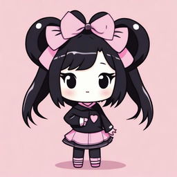 An adorable illustration of Kuromi with pink low pigtails and black clothing