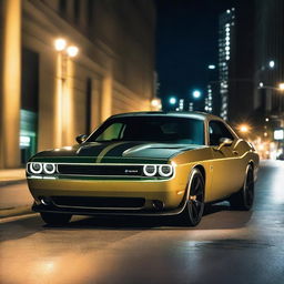 A tan colored Dodge Challenger with light brown stripes, and green headlights driving at night