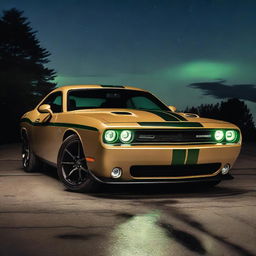 A tan colored Dodge Challenger with light brown stripes, and green headlights driving at night