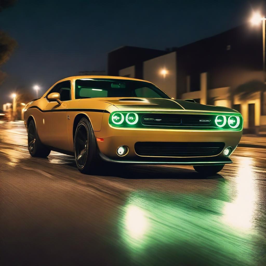 A tan colored Dodge Challenger with light brown stripes, and green headlights driving at night