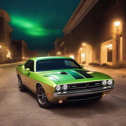 A tan colored Dodge Challenger with light brown stripes, and green headlights driving at night