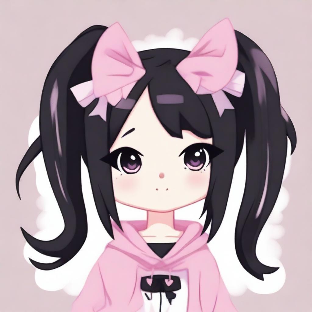 An adorable illustration of Kuromi with pink low pigtails featuring white streaks, and wearing short black clothing