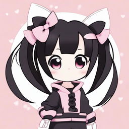 An adorable illustration of Kuromi with pink low pigtails featuring white streaks, and wearing short black clothing