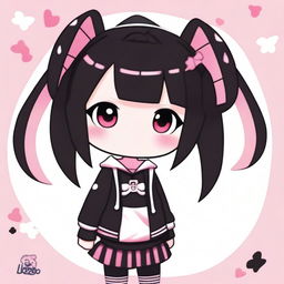 An adorable illustration of Kuromi with pink low pigtails featuring white streaks, and wearing short black clothing