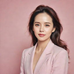 A stunning portrait of Song Ji Hyo, a South-Korean actress and presenter, known for her radiating beauty and expressive features, set against a gentle pastel-colored background.