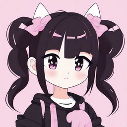 An adorable illustration of Kuromi with pink low pigtails featuring white streaks, and wearing short black clothing