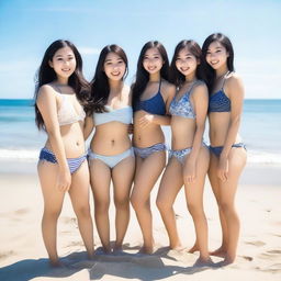 A group of Asian girls wearing bikinis, standing on a sunny beach with the ocean in the background