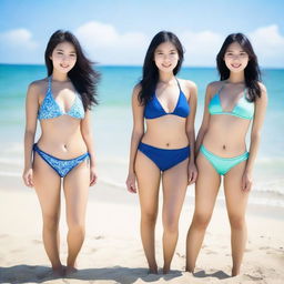 A group of Asian girls wearing bikinis, standing on a sunny beach with the ocean in the background