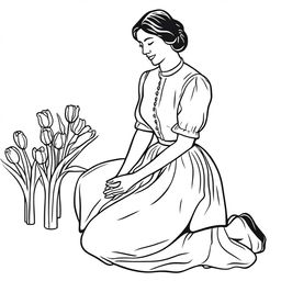 Illustration of a young woman kneeling, selling tulips