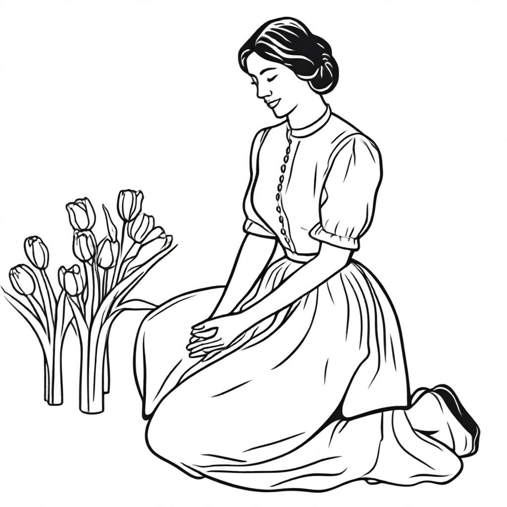 Illustration of a young woman kneeling, selling tulips
