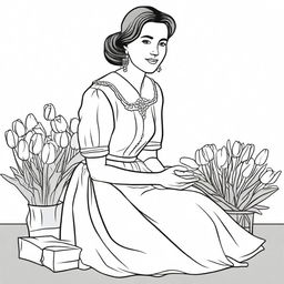 Illustration of a young woman kneeling, selling tulips