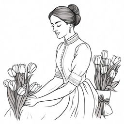 Illustration of a young woman kneeling, selling tulips