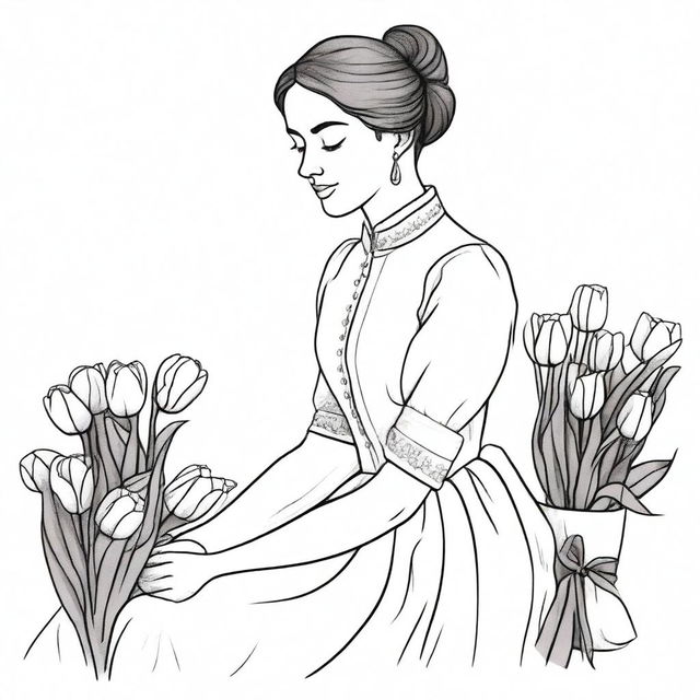 Illustration of a young woman kneeling, selling tulips