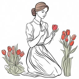 Illustration of a young woman kneeling, selling tulips