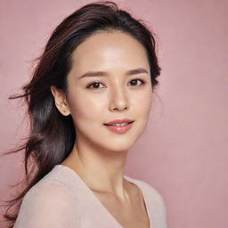 A stunning portrait of Song Ji Hyo, a South-Korean actress and presenter, known for her radiating beauty and expressive features, set against a gentle pastel-colored background.