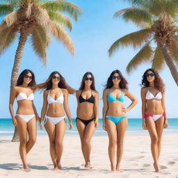 A group of Arabian girls wearing bikinis at a beach