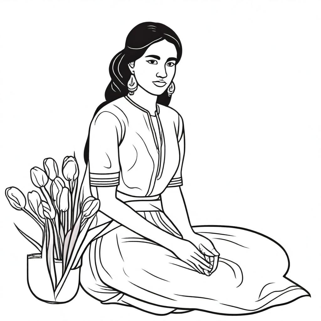 Illustration of a young indigenous woman kneeling, selling tulips